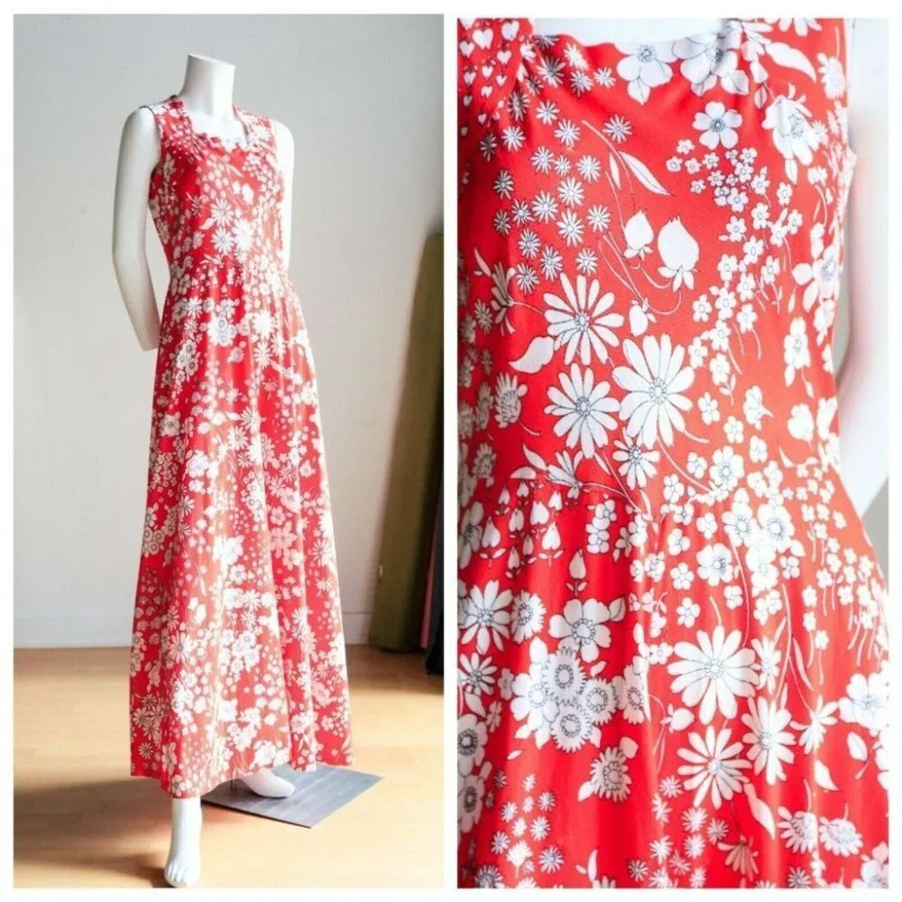 70s Red White Floral Sleeveless Maxi Dress |
